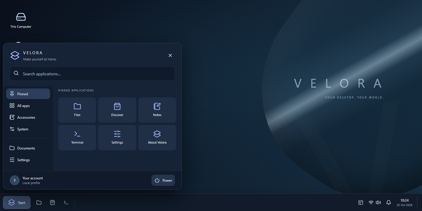 VELORA desktop concept with a full-width bottom taskbar and open Start menu